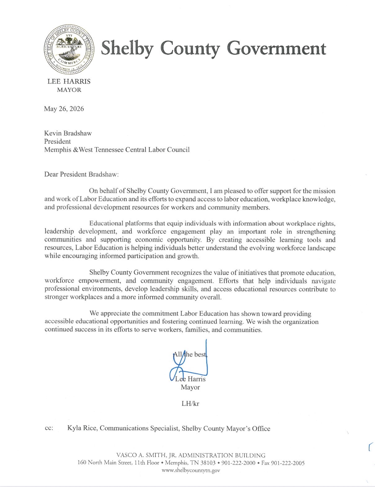 Shelby County Mayor Lee Harris Letter of Support
